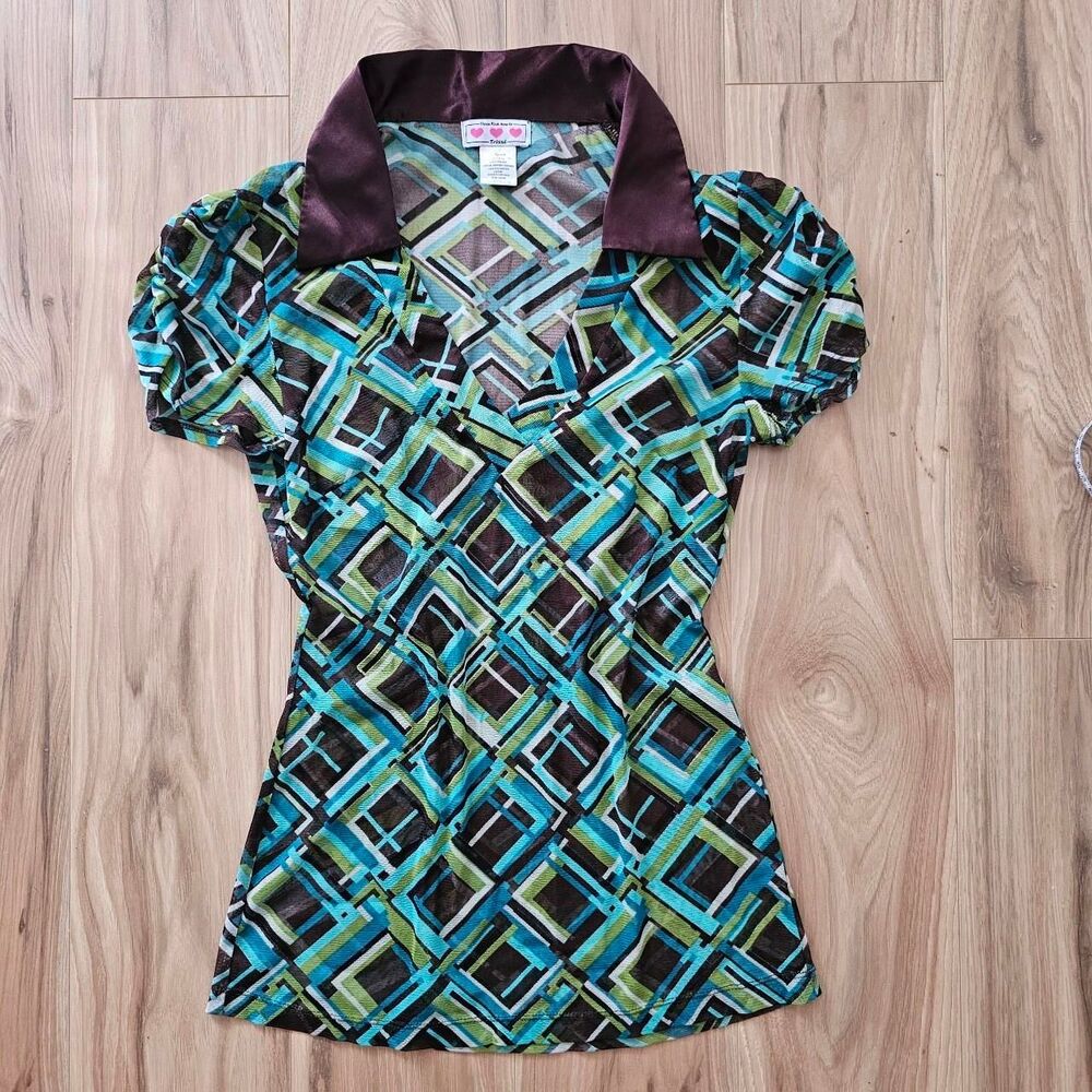 Y2K Three Pink Hearts retro turquoise, green and brown mesh top w/ satin collar